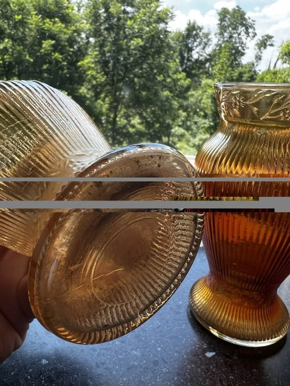 c1928 Pair/2 Jeanette Prism & Daisy Band Floral Ribbed Iridescent Glass 6